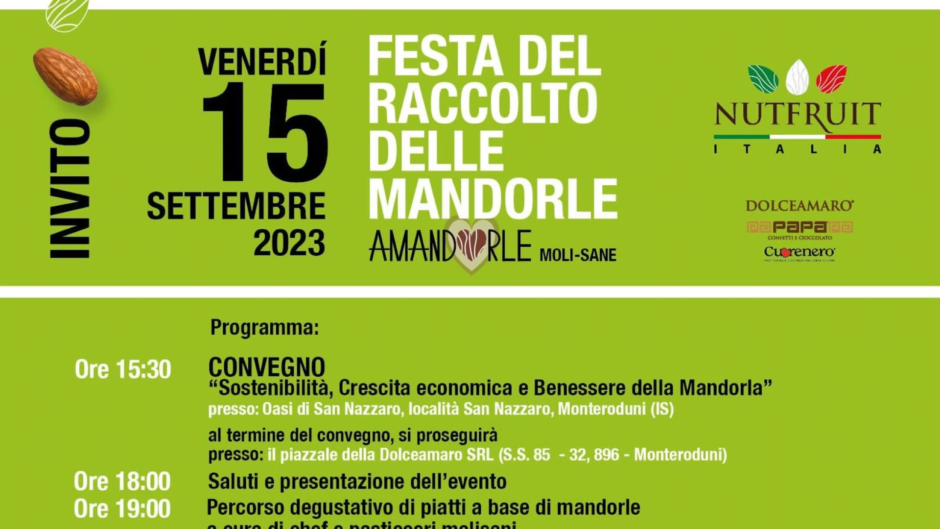 Monteroduni: “Festa del raccolto della mandorle-Amandorle Moli-Sane”. L’evento in programma venerdì 15 settembre.